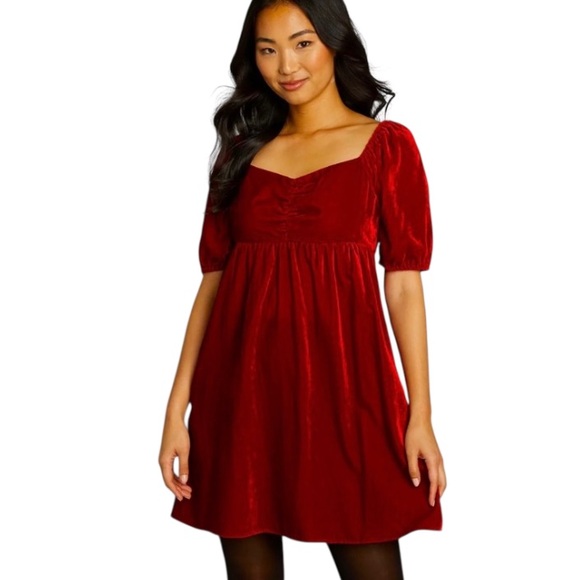 ModCloth | Velvet Who’s My Sweetheart Mini Babydoll Dress Holiday Red Medium NWT - Picture 1 of 10